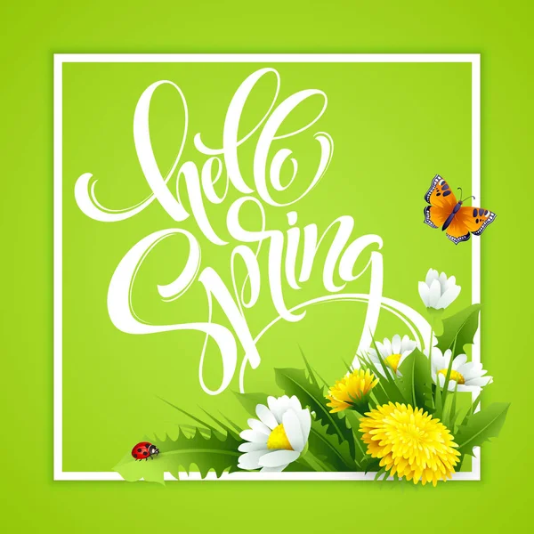 Надпись Hello Spring Hand Lettering на фоне с цветами. Векторная иллюстрация — стоковый вектор