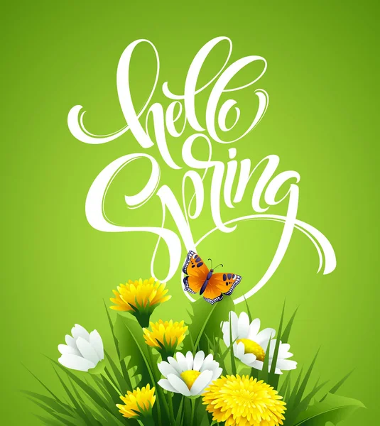 Inscription Hello Spring Hand Lettering on background with flowers. Vector illustration — Stock Vector