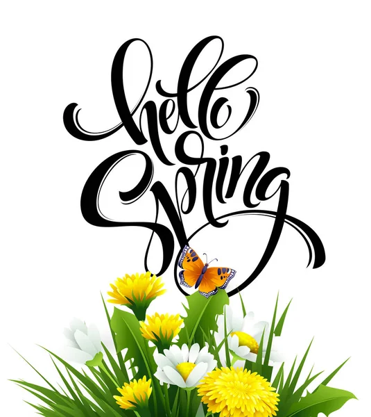 Inskripsi Hello Spring Hand Lettering di latar belakang dengan bunga. Ilustrasi vektor - Stok Vektor