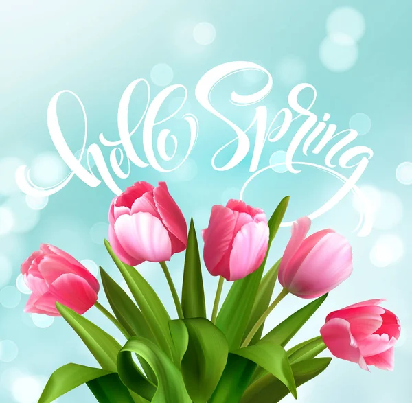 Przywitaj wiosnę strony napis z kwiaty tulipanów. Ilustracja wektorowa — Wektor stockowy