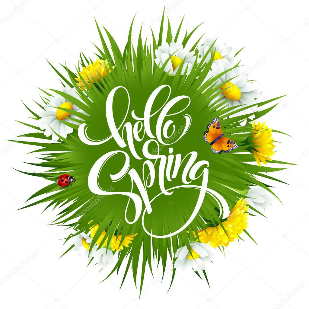 Inscription Hello Spring Hand Lettering on background with flowers. Vector illustration