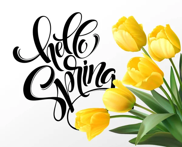 Привіт Весняна рука Листи з квіткою тюльпанів. Векторні ілюстрації — стоковий вектор
