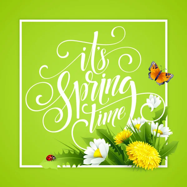 Primavera mano Lettering su sfondo con fiori. Illustrazione vettoriale — Vettoriale Stock