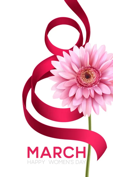 Χαιρετισμός πανό με ζέρμπερες λουλούδι και κορδέλα. 8 Μαρτίου - διεθνής ημέρα γυναικών. Εικονογράφηση διάνυσμα — Διανυσματικό Αρχείο