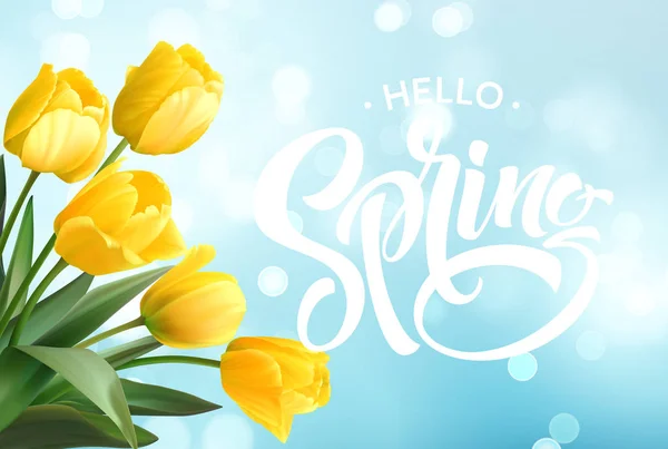 Olá mão Primavera Lettering com flor de tulipa. Ilustração vetorial —  Vetores de Stock