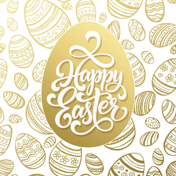 Feliz Páscoa saudação lettering no padrão de ovo sem costura dourada. Ilustração vetorial — Vetor de Stock