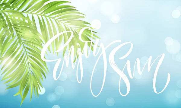 Disfrute de la escritura de verano en el fondo del mar y las hojas de palma. Ilustración vectorial — Vector de stock