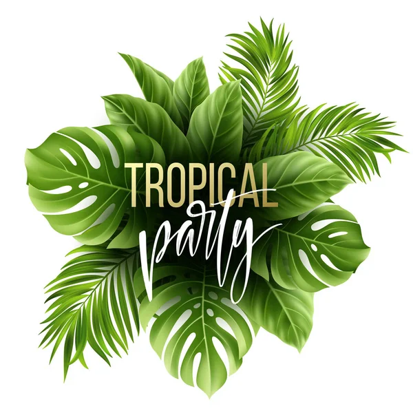 Zomer tropische blad achtergrond met exotische palm bladeren. Partij flyer-sjabloon. Handschrift belettering. Vectorillustratie — Stockvector