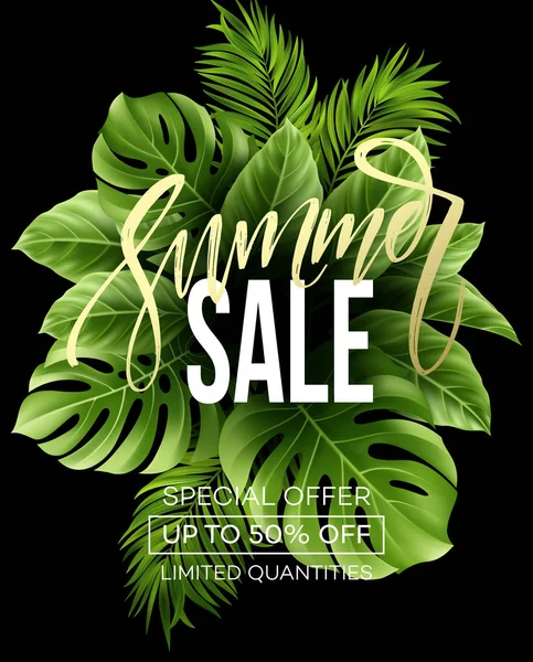 Sale banner, poster with palm leaves, jungle leaf and handwriting lettering. Floral tropical summer background. Vector illustration — Stock Vector