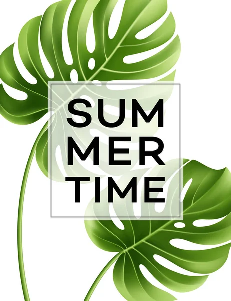 Cartel de verano con hoja de palma tropical. Ilustración vectorial — Vector de stock