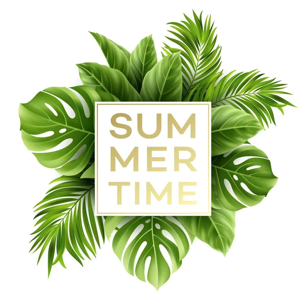 Cartel de verano con hoja de palma tropical. Ilustración vectorial — Vector de stock