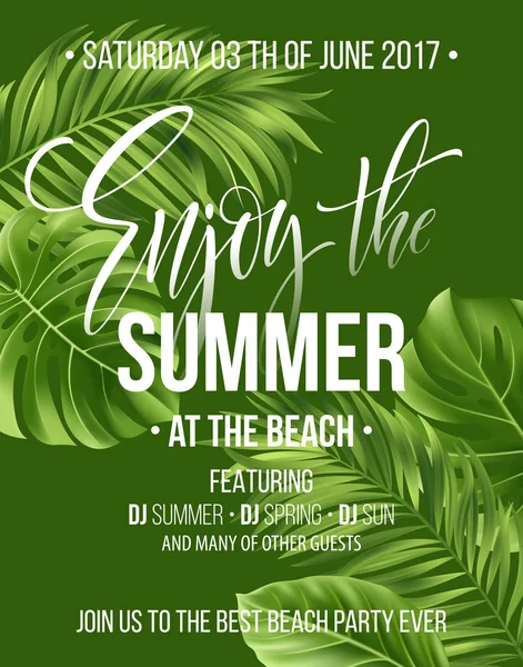 Tropischen Hintergrund mit exotischen Palmblättern. Genießen Sie das Sommerfest-Plakat oder das Flyer-Design. Vektorillustration — Stockvektor
