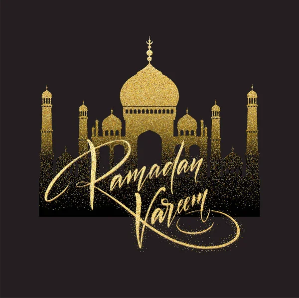 Grußkarte mit kreativem Text Ramadan Kareem aus goldenem Glitzer. Vektorillustration — Stockvektor