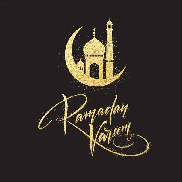 Carte de voeux avec texte créatif Ramadan Kareem faite de paillettes dorées. Illustration vectorielle — Image vectorielle