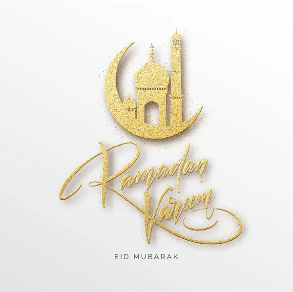 Carte de voeux avec texte créatif Ramadan Kareem faite de paillettes dorées. Illustration vectorielle — Image vectorielle