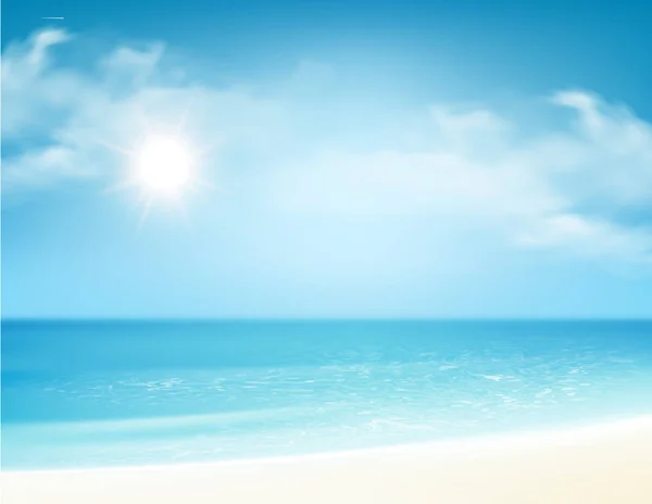 Praia e mar tropical com sol brilhante. Ilustração vetorial — Vetor de Stock