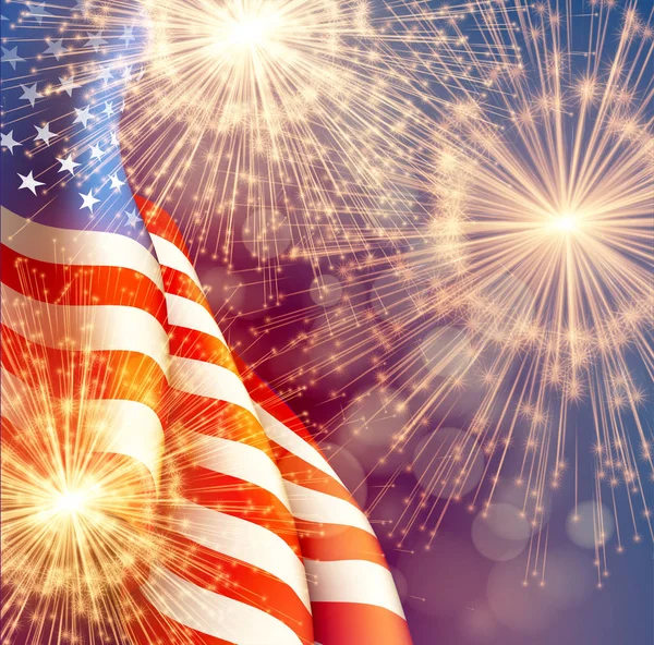 Fuegos artificiales de fondo para el 4 de julio Día de la Independencia con bandera americana. Ilustración vectorial — Vector de stock