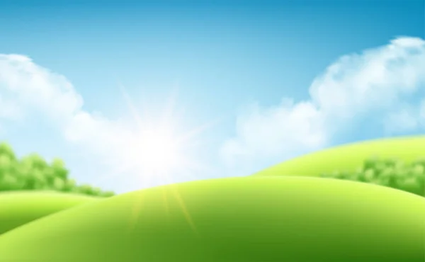 Tle lato natura wschód słońca, krajobraz z zielonych wzgórz i łąk, Błękitne niebo i chmury. Ilustracja wektorowa — Wektor stockowy