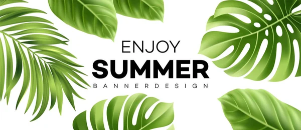 Banner de venda de verão com planta tropical. Ilustração vetorial —  Vetores de Stock