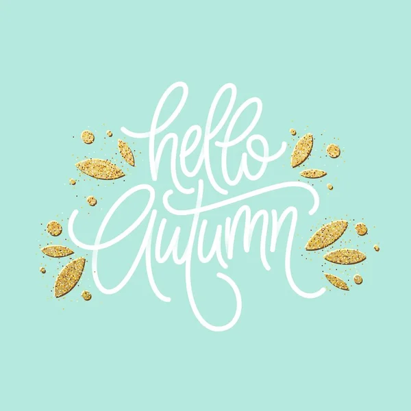 Autumn - Hand drawn vector typography with line leaf pattern in golden glitter color. Vector illustration — Stock Vector