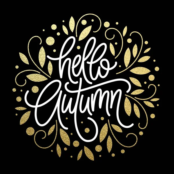 Autumn - Hand drawn vector typography with line leaf pattern in golden glitter color. Vector illustration — Stock Vector