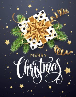 Noel hediye kutusu ile altın yay, flamalar, konfeti, Noel ağacı bir delikanlı ile arka plan. Kartpostal, kitapçık, broşür, poster için şablon. Vektör çizim