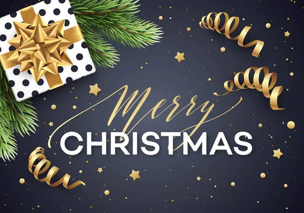 Noel hediye kutusu ile altın yay, flamalar, konfeti, Noel ağacı bir delikanlı ile arka plan. Kartpostal, kitapçık, broşür, poster için şablon. Vektör çizim