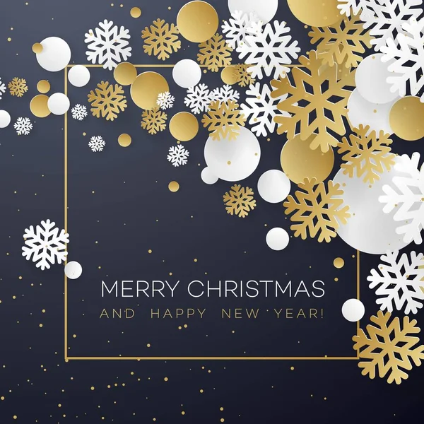 Noel arka plan siyah altın ve beyaz kağıt kar taneleri ile. Kartpostal, kitapçık, broşür, poster için şablon. Vektör çizim Eps10