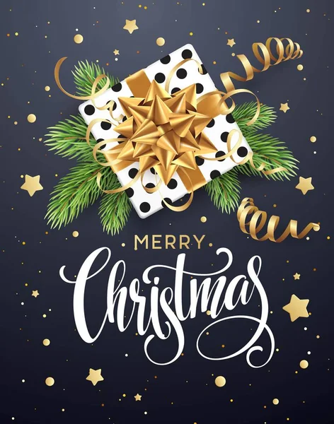 Noel hediye kutusu ile altın yay, flamalar, konfeti, Noel ağacı bir delikanlı ile arka plan. Kartpostal, kitapçık, broşür, poster için şablon. Vektör çizim