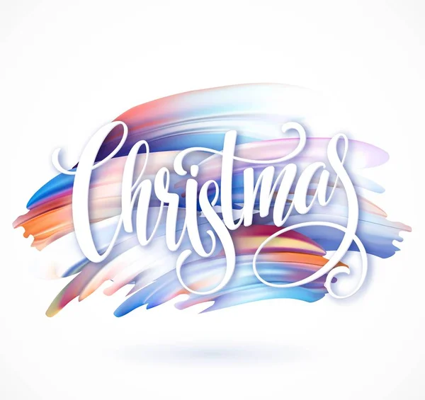 Kerst kalligrafie handschrift belettering op de achtergrond van penseelstreken, een olie- of acrylverf. Vectorillustratie — Stockvector