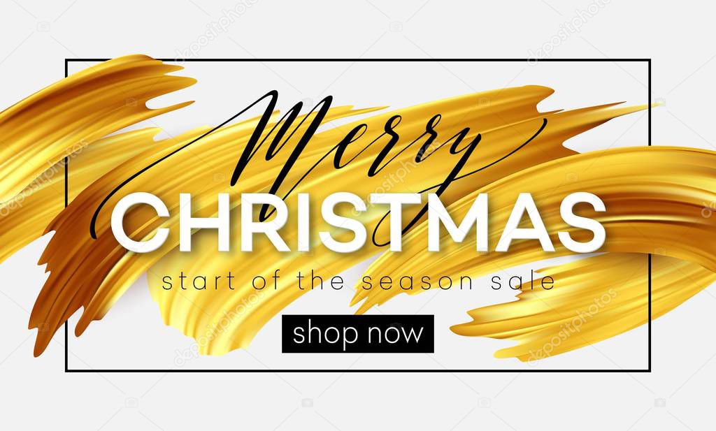 Merry Christmas lettering on a background of a gold brushstroke oil or acrylic paint. Sale design element for presentations, flyers, leaflets, postcards and posters. Vector illustration