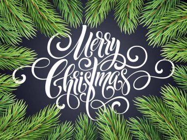 Neşeli Noel el yazısı komut dosyası yazı. Arka plan bir Noel ağacı ile tebrik. Vektör çizim