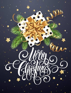 Neşeli Noel el yazısı komut dosyası yazı. Noel tebrik arka plan bir hediye, flamalar, konfeti ile. Vektör çizim