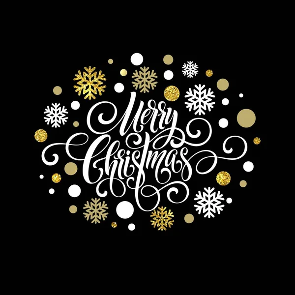 Feliz Natal caligrafia script lettering. Ouro, branco, preto Natal saudação fundo com flocos de neve. Ilustração vetorial — Vetor de Stock