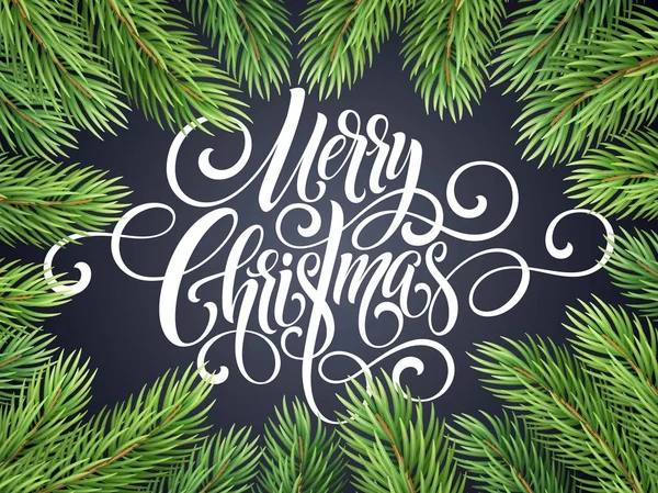 Neşeli Noel el yazısı komut dosyası yazı. Arka plan bir Noel ağacı ile tebrik. Vektör çizim