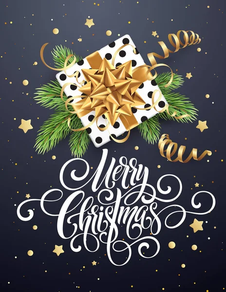 Neşeli Noel el yazısı komut dosyası yazı. Noel tebrik arka plan bir hediye, flamalar, konfeti ile. Vektör çizim