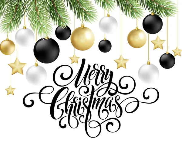 Merry Christmas handschrift script belettering. Groet achtergrond met een kerstboom en decoraties. Vectorillustratie — Stockvector