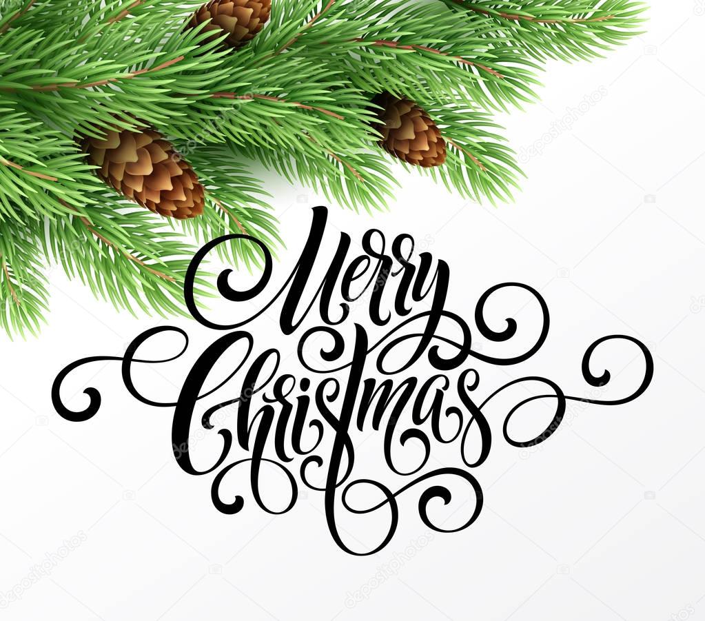 Greeting card with christmas tree and calligraphic sigh Merry Christmas. Vector holiday illustration