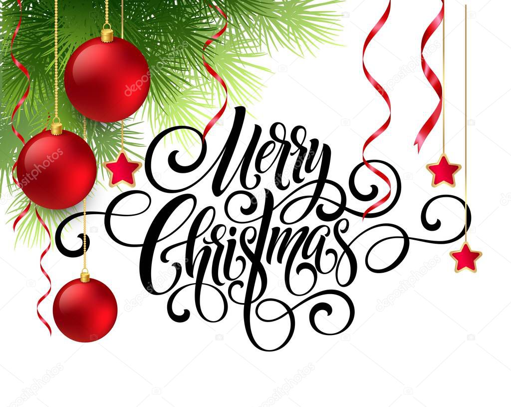 Merry Christmas handwriting script lettering. Greeting background with a Christmas tree and   decorations. Vector illustration