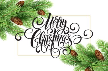 Noel ağacı ve kaligrafi nefes neşeli Noel tebrik kartı. Vektör tatil çizim