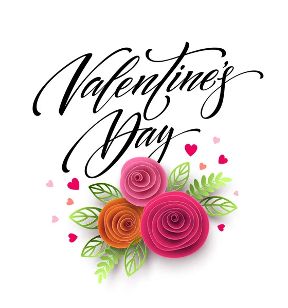 Cartão de Dia dos Namorados lettering em fundo flor de papel. Ilustração vetorial —  Vetores de Stock