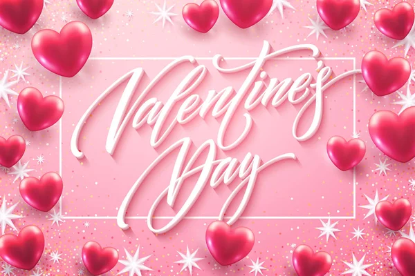 Happy Valentijnsdag belettering met rode harten ballon achtergrond. Vectorillustratie — Stockvector