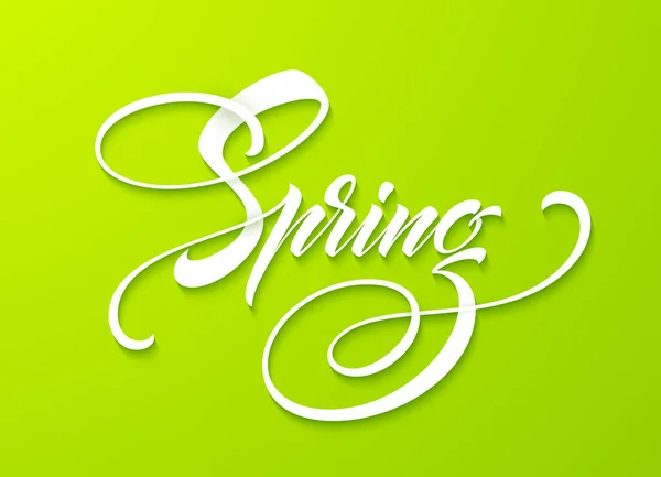 こんにちは春レタリング。描かれた書道、緑背景を手します。ベクトル図 — ストックベクタ