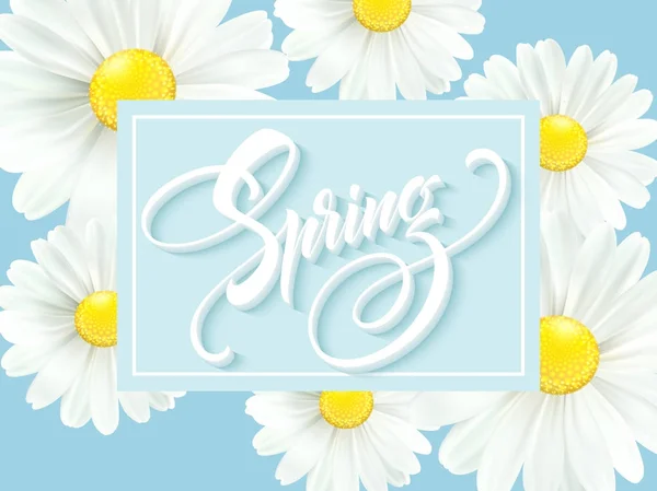 Kaligrafický nápis Ahoj jaro s jarní květiny - kvetoucí bílými daisy. Vektorové ilustrace — Stockový vektor