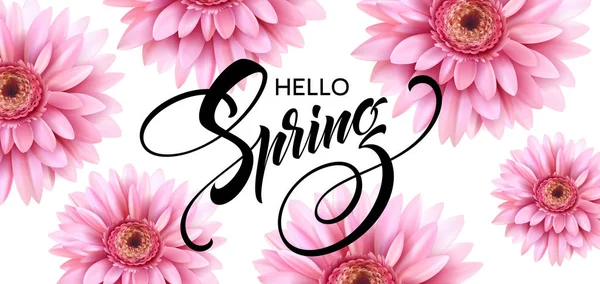 Gerbera bloem achtergrond en Hello Spring belettering. Vectorillustratie — Stockvector