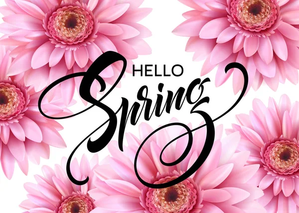 Gerbera Flower Background y Hello Spring Lettering. Ilustración vectorial — Vector de stock