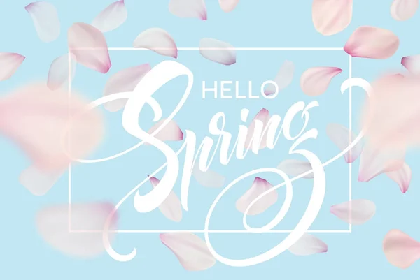Plantilla de banner web de letras de primavera. Color rosa sakura flor de cerezo flor azul cielo paisaje fondo diseño. Ilustración vectorial — Vector de stock