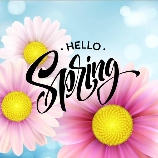 Daisy Flower Background and Hello Spring Lettering (en inglés). Ilustración vectorial — Vector de stock