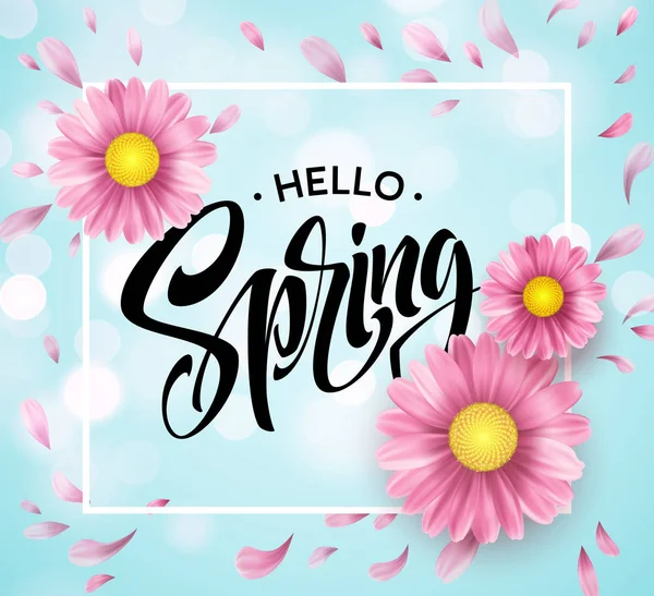 雏菊花背景和您好春天刻字。矢量插图 — 图库矢量图片