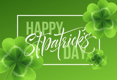 Mutlu Saint Patricks Günü yonca yaprağı arka plan üzerinde yazı tebrik. Vektör çizim